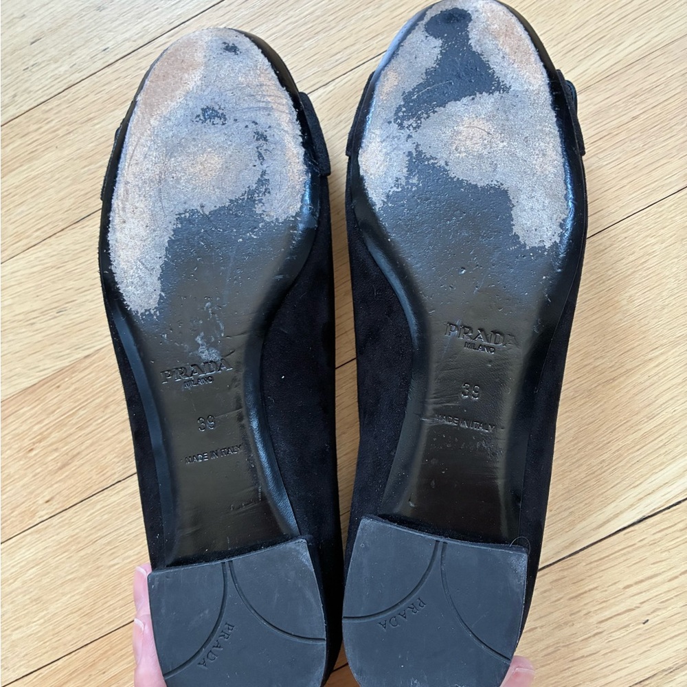 Prada Black Suede Flats with Gold Buckle - Picture 6 of 7